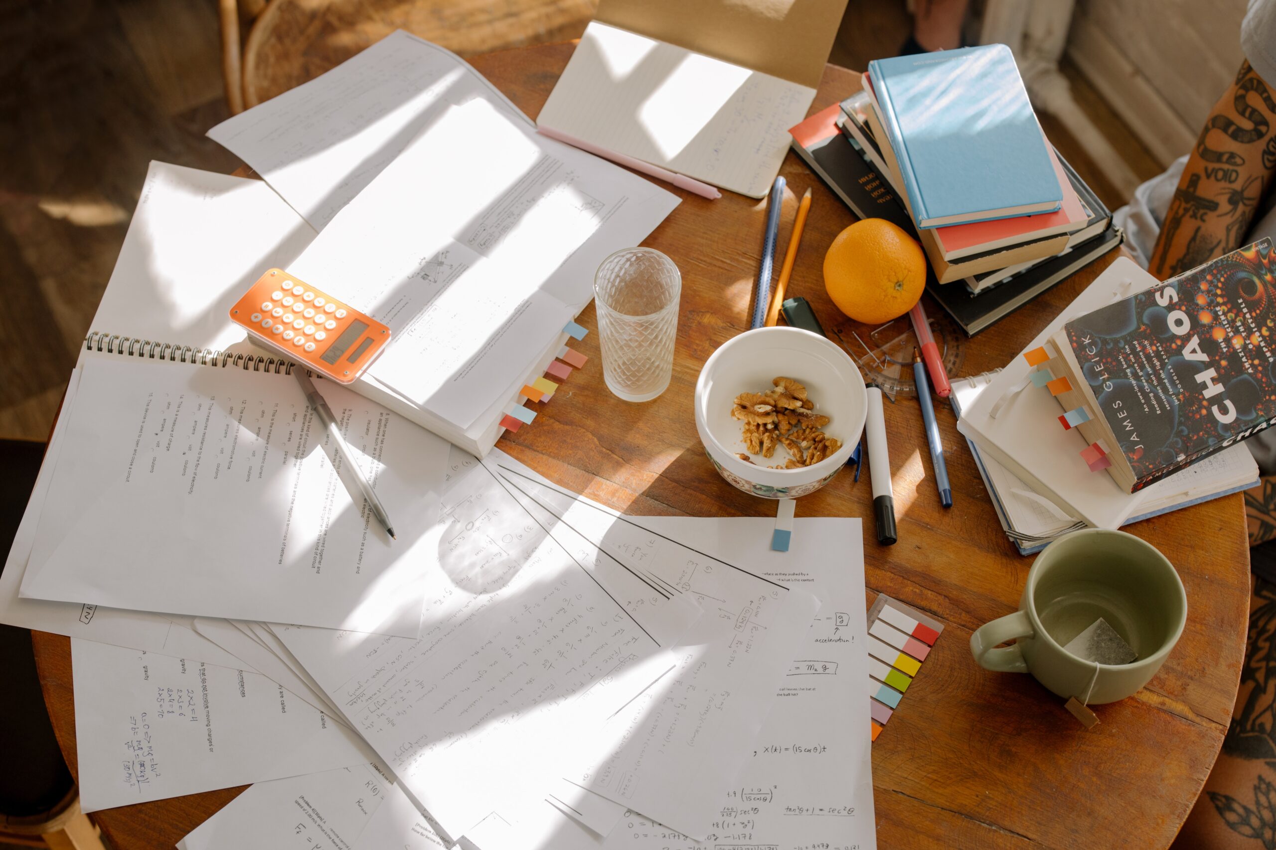 cluttered wood table