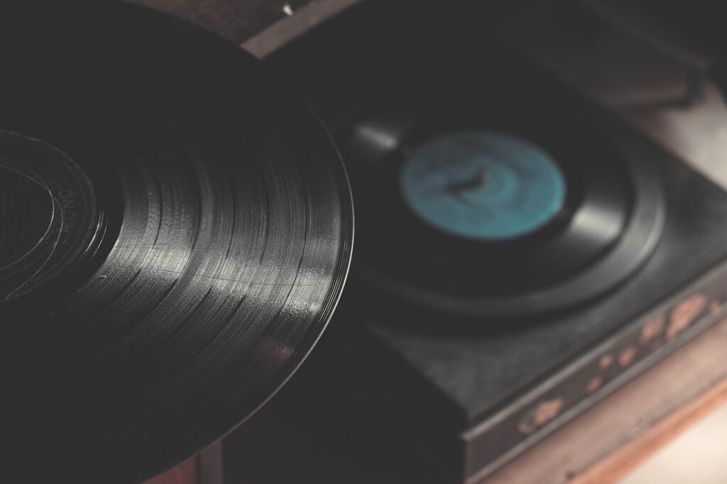 shot of a vinyl record and a turntable