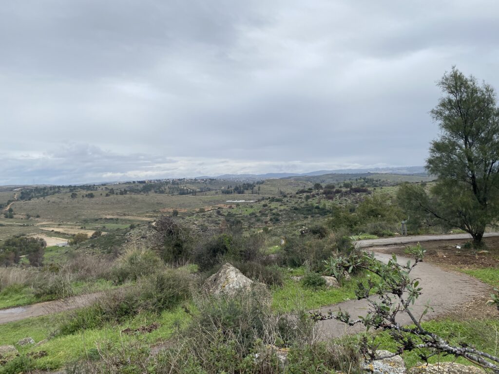 Cloudy sky over a green, rolling landscape with distant hills, trees, and a dirt path in the foreground.
