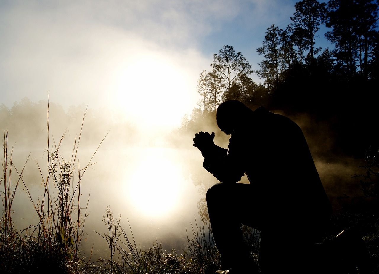 the silhouette of a person sitting with hands clasped and head bowed, there are trees in the background