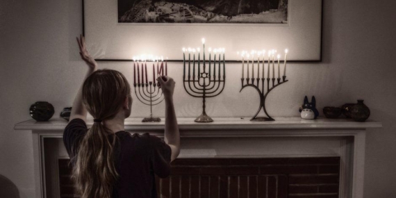 an alter of Hanukkah menorahs