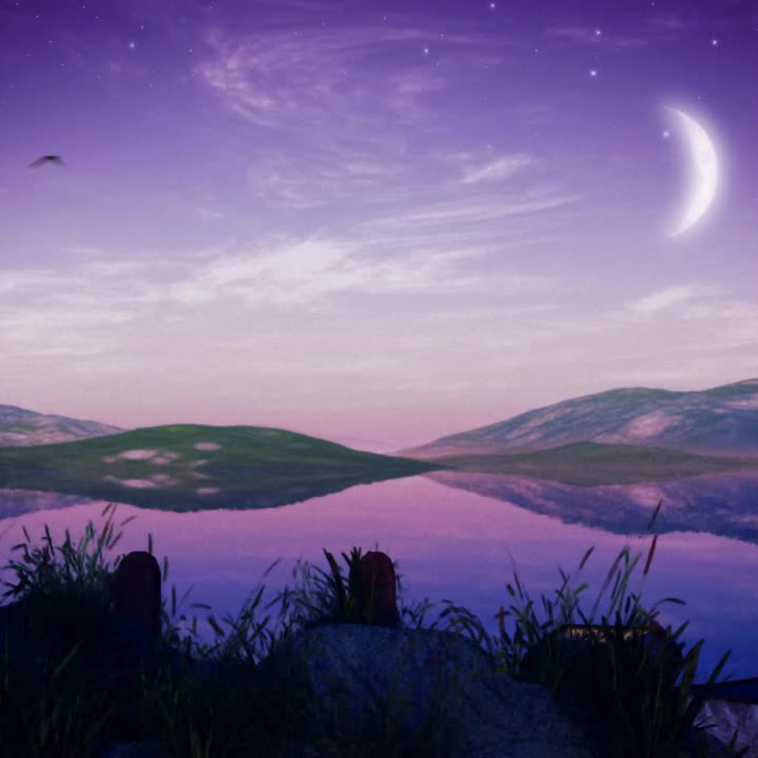 Crescent moon and stars over a tranquil lake with grassy hills, under a purple twilight sky.