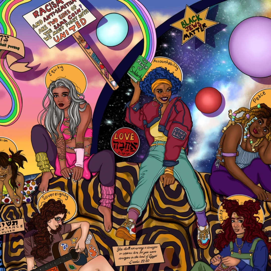 Colorful illustration of diverse women with messages of unity, love, and empowerment against a cosmic background.