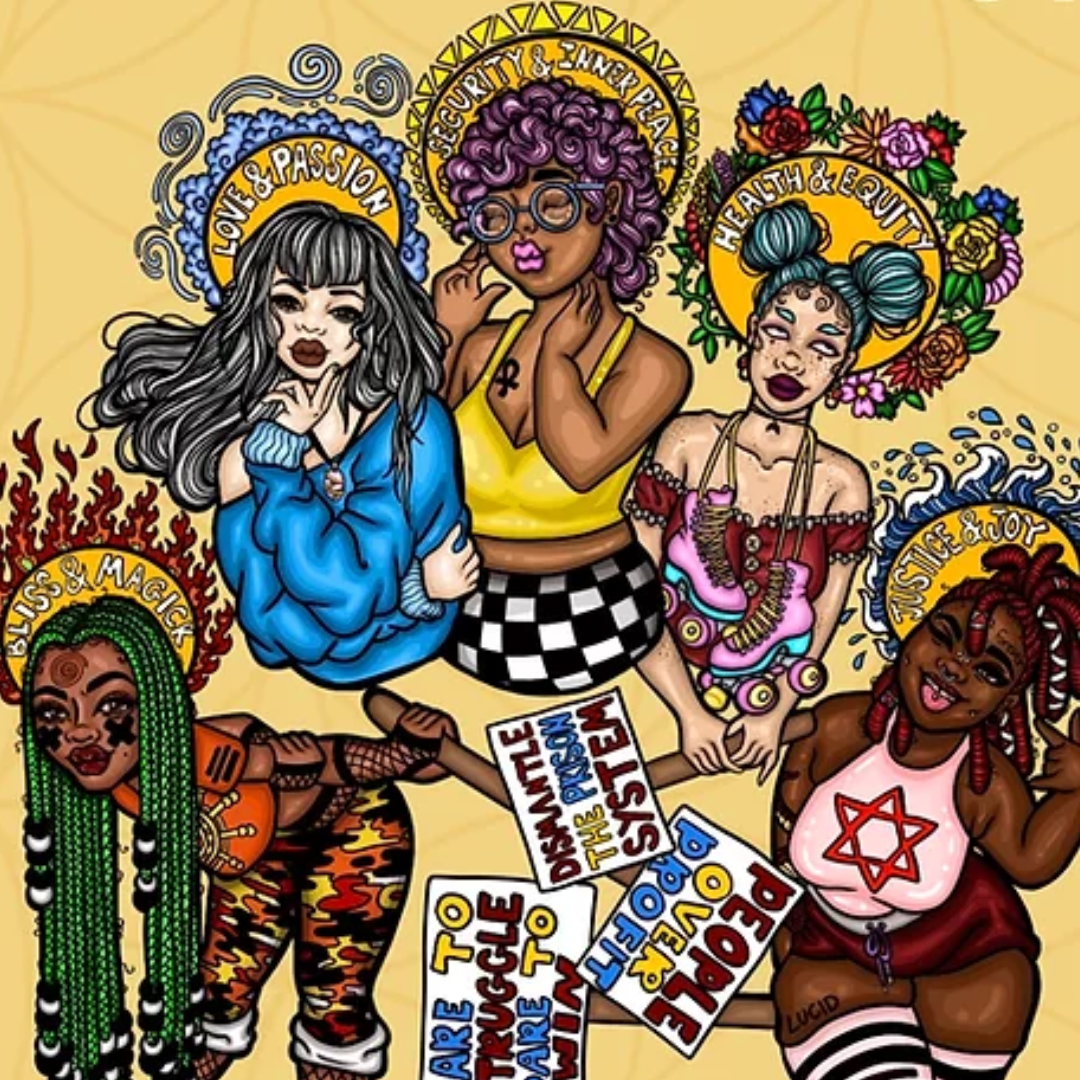 Colorful illustration of diverse women with empowering messages, vibrant outfits, and bold hairstyles.