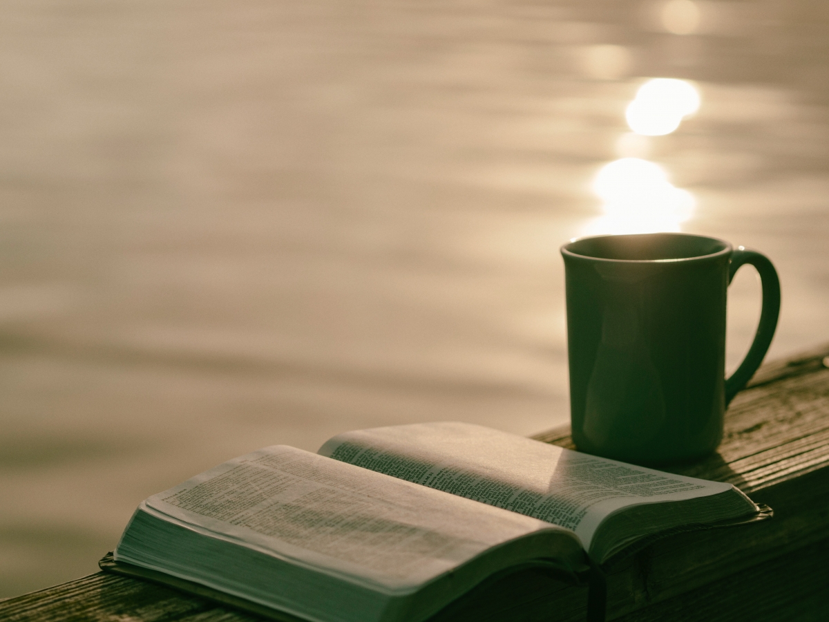 Open book and coffee mug on a wooden surface by a body of water at sunset.