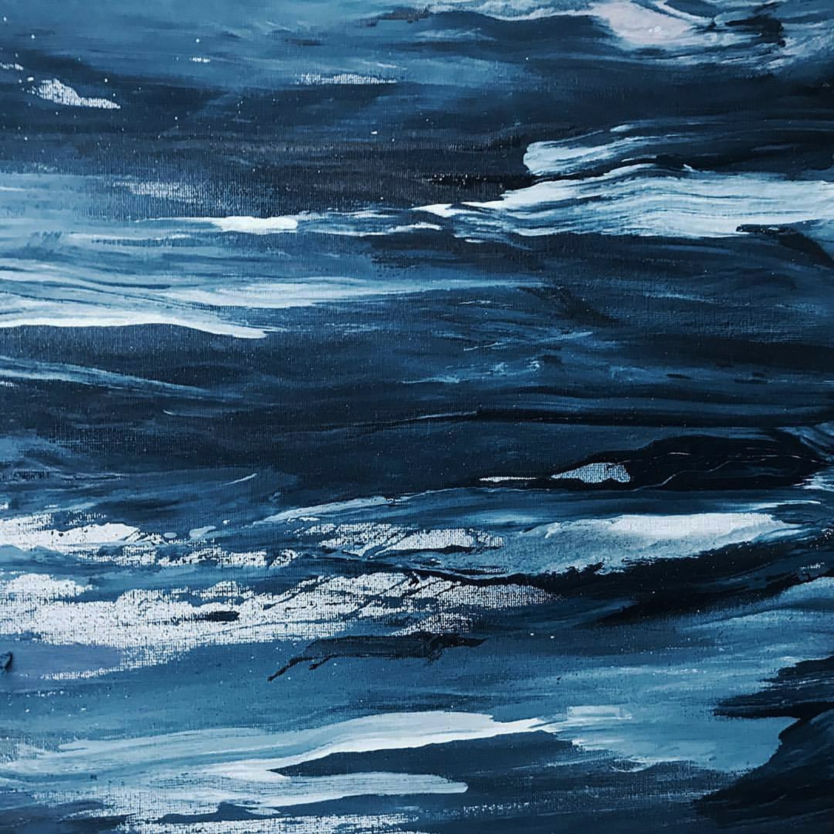 Abstract painting with swirling shades of blue and white, resembling an ocean or sky.