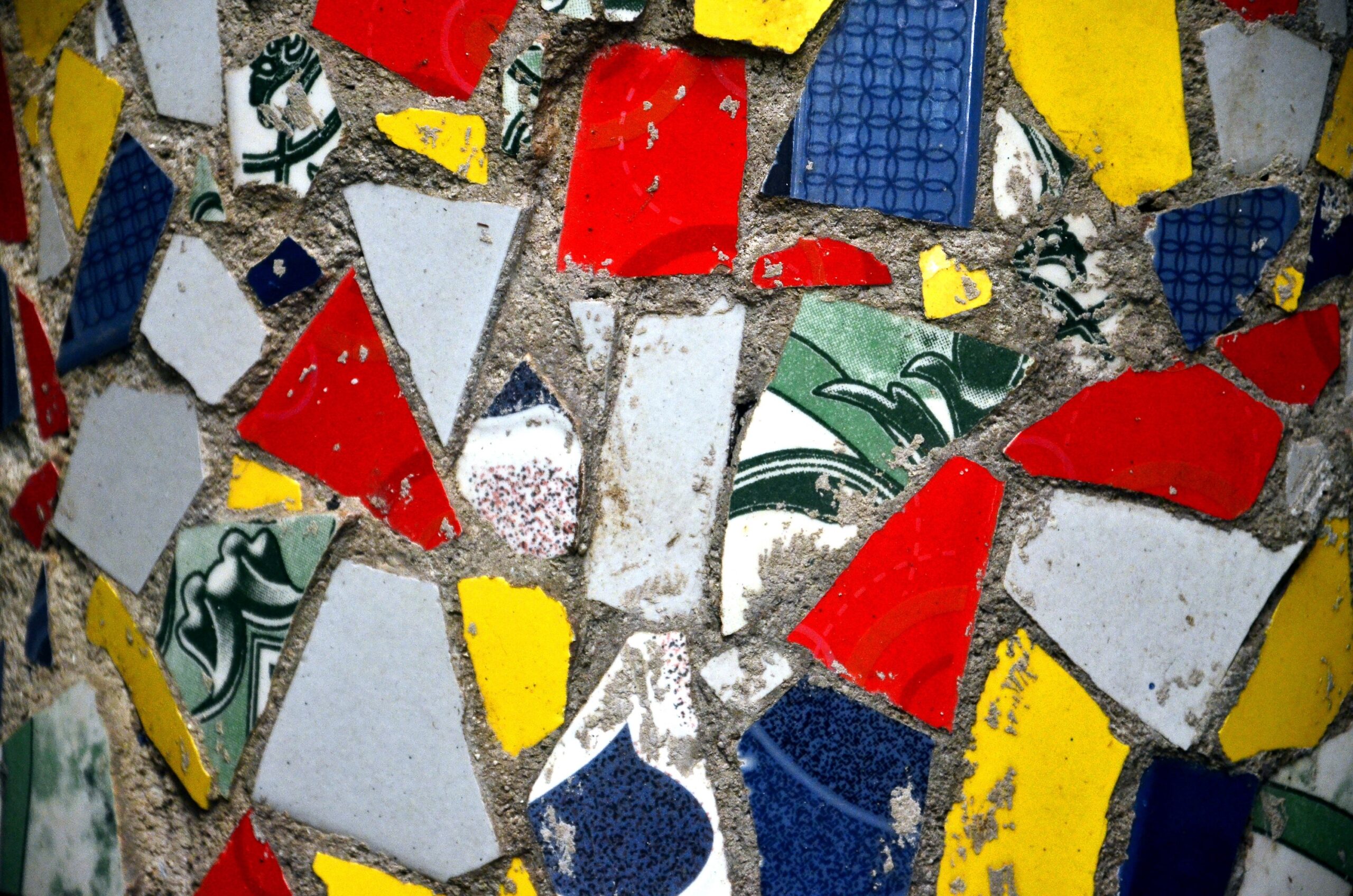 close up of mosaic of red white blue and yellow pieces