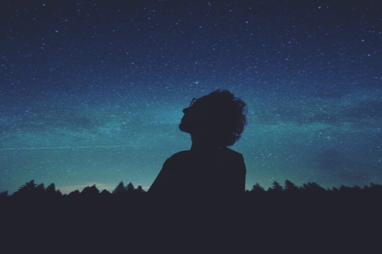 person in silhouette looking up at dark night sky in navy and various shades of blue and stars. Person is looking up to sky.
