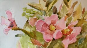 Watercolor painting of pink flowers with green leaves, featuring soft, blended colors and abstract forms.