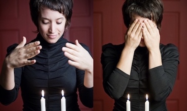 split screen of two photos, one of light-skinned woman with short brown hair, hands open over lit shabbat candles, second image same woman has her hands over her face blessing the shabbat candles