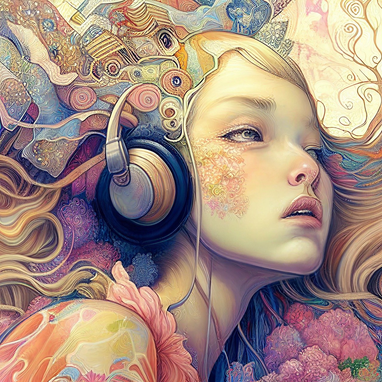 illustration of a girl wearing sparkly music and listening to headphones