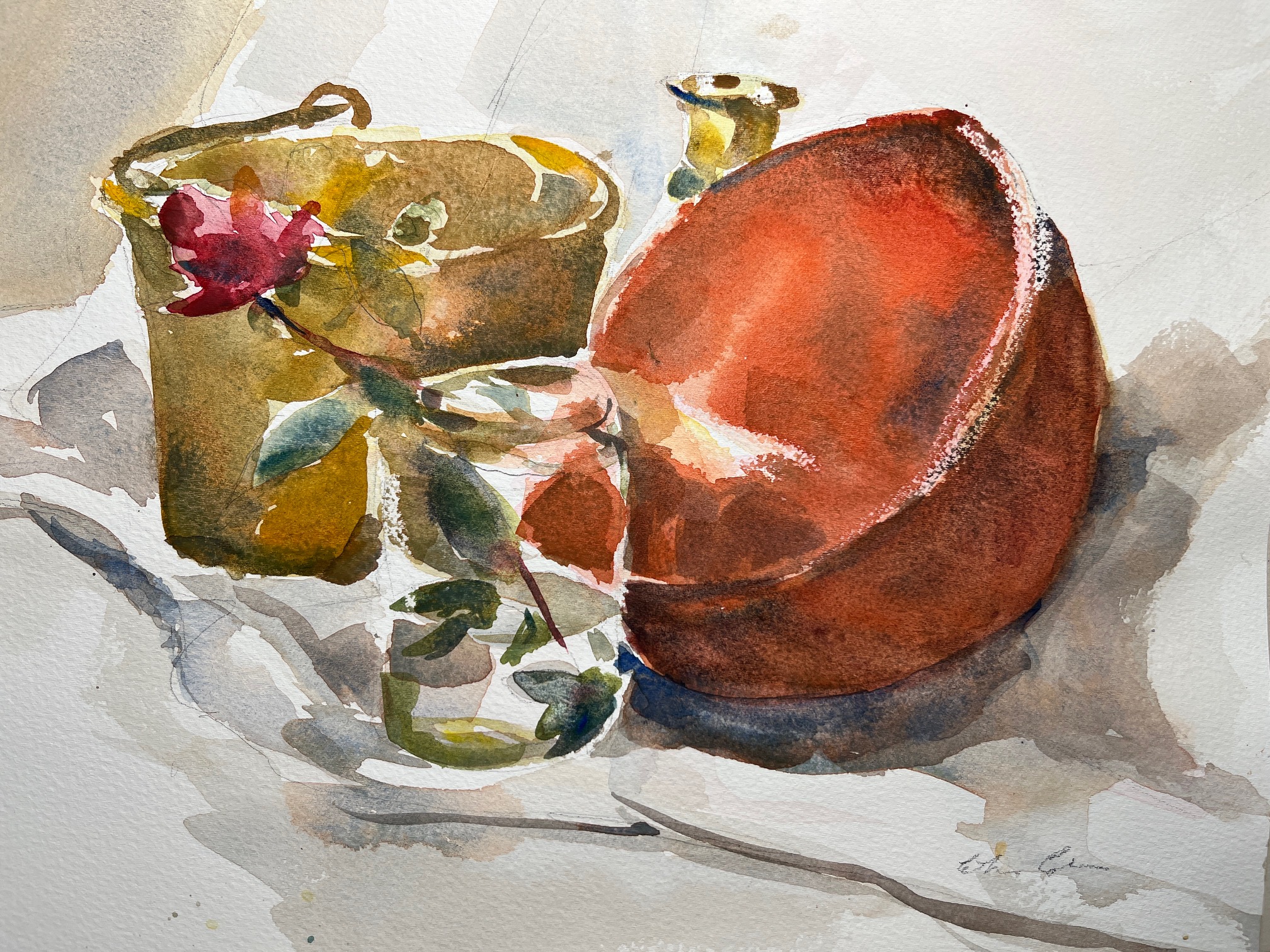 a watercolor still life with a flower in a glass of water in front of a red bowl