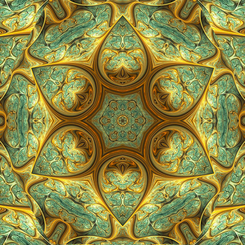 a mandala looking image of green and gold