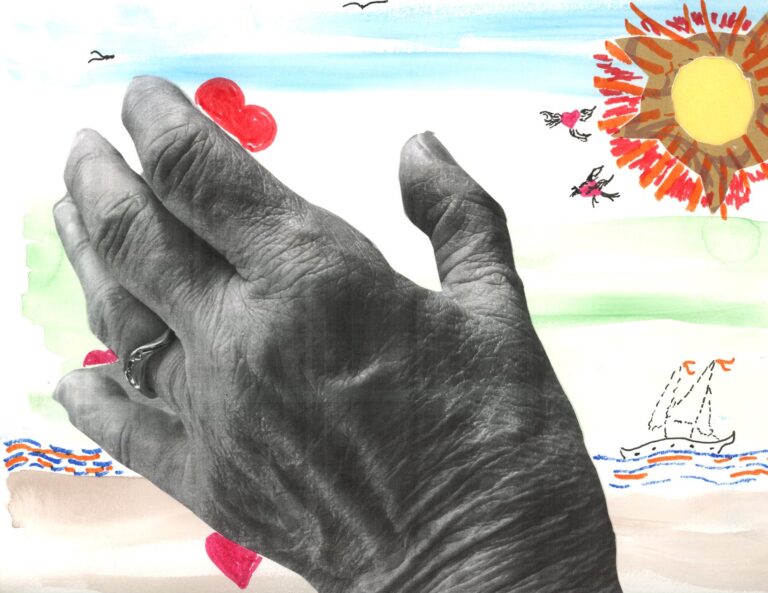 a collage features a hand reaching towards the sun