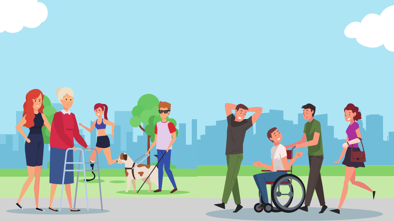 an image of people with disabilities and non-disabled people enjoying a park