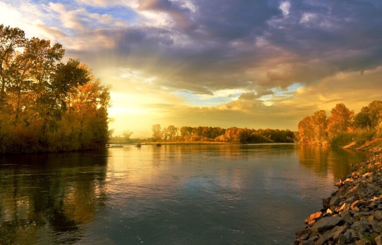 autumn trees set on a lake. The sky is full of sunlight and clouds
