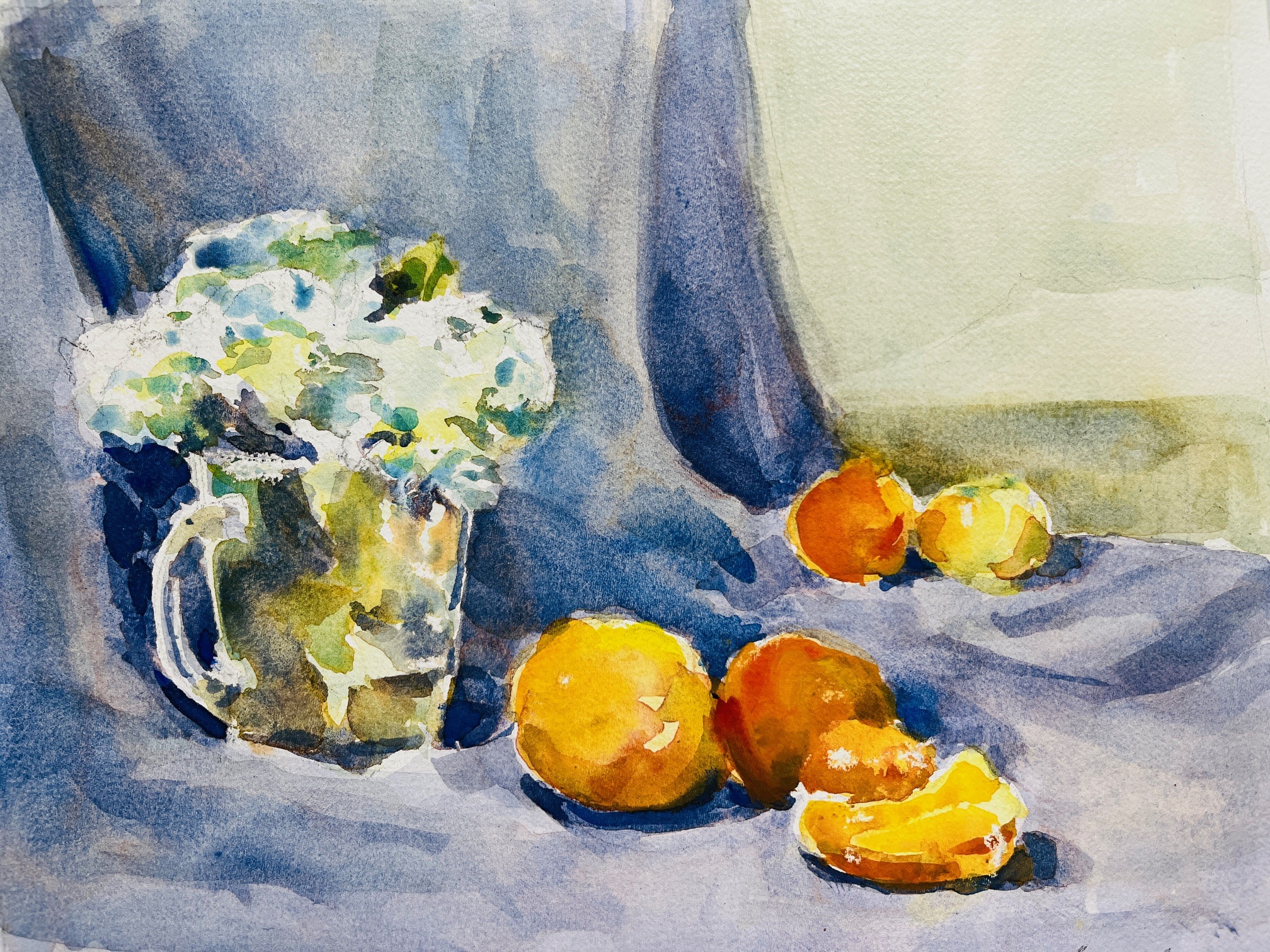 a water color of hydrangeas and fruit