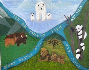 in this painting, polar bears, panda bears lion and bisons graze.