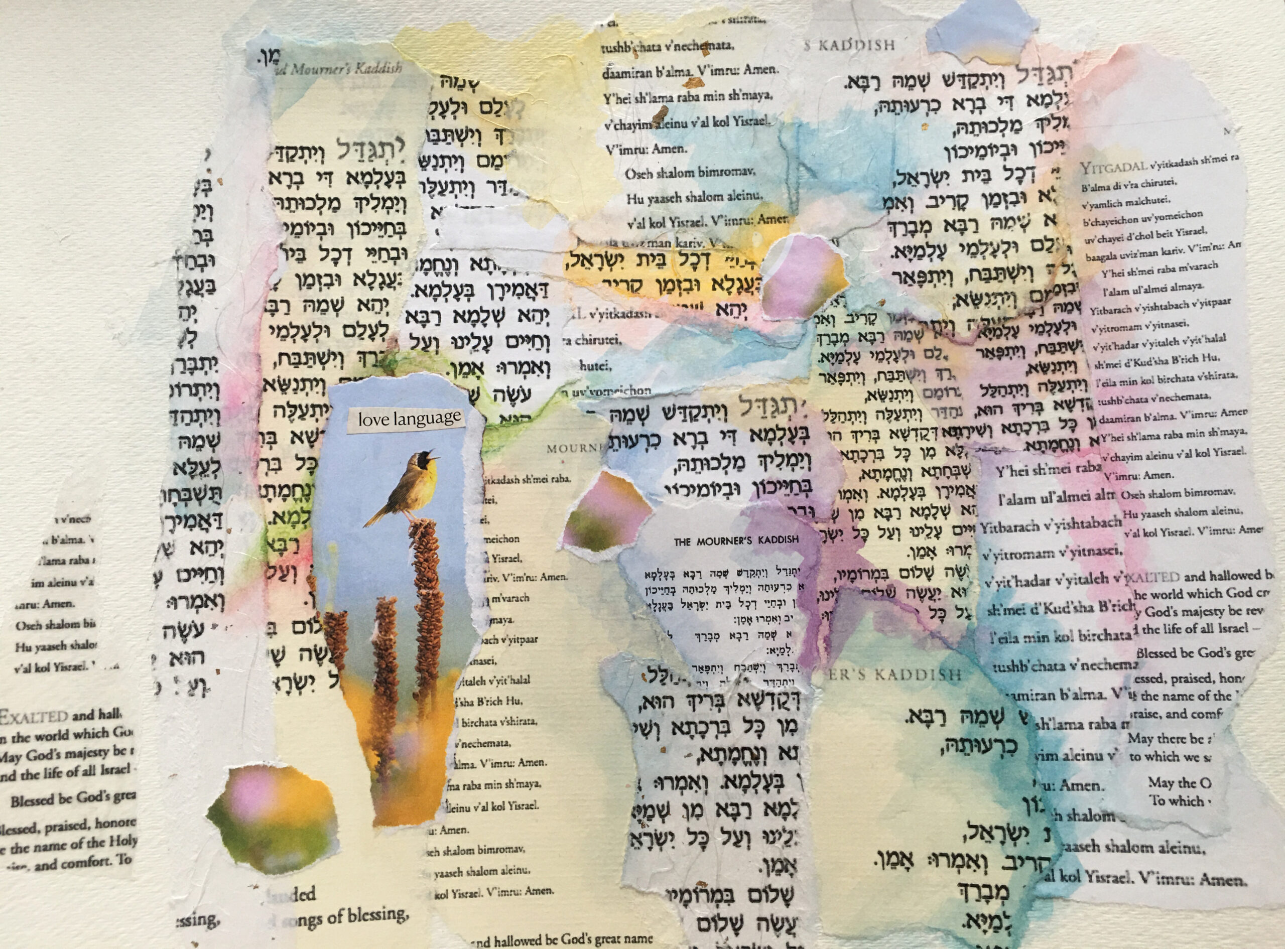a collage with the words of the Kaddish and pastel watercolors