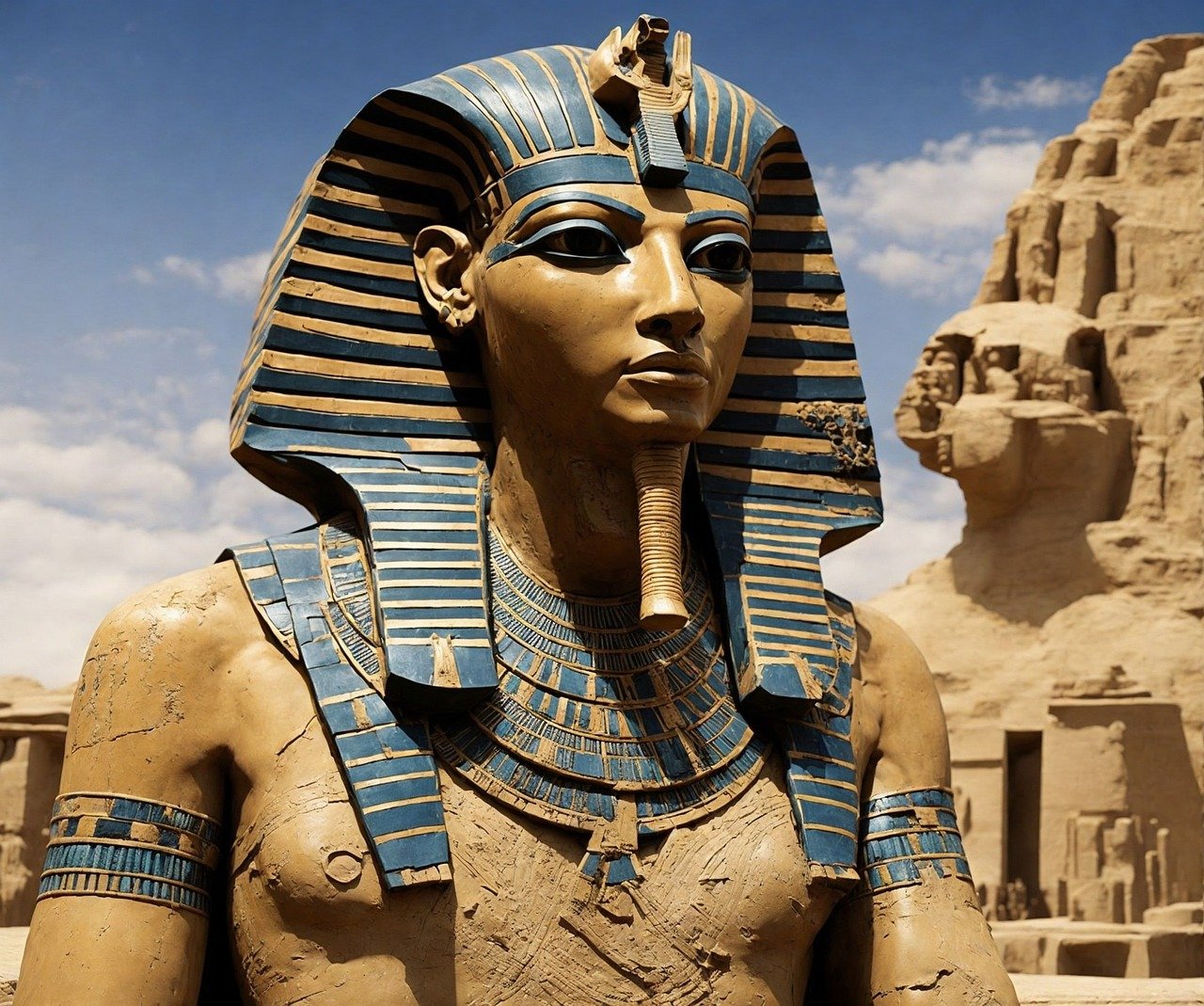 a statue of the Pharoah wearing an Egyptian headdress