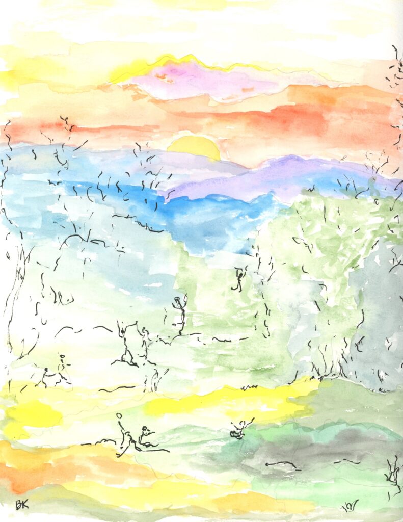 a watercolor featuring a pink, orange and yellow sky