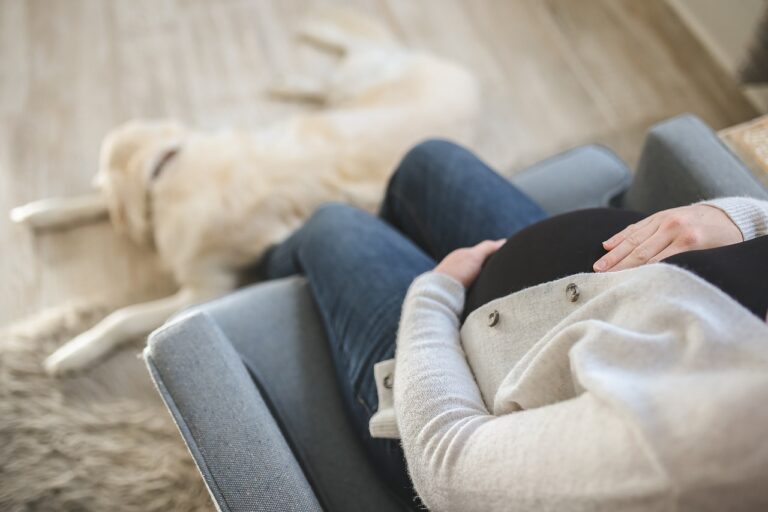 a pregnant woman touches her belly, a dog lies sleeping at her feet