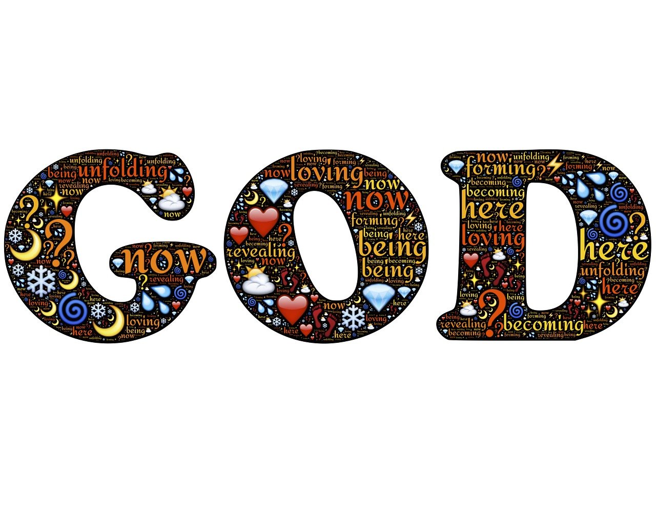 the word "God" in bold black lettering against a white background- in the letters are symbols such as hearts, moons, snowflakes, spirals, and words such as "now," "loving," "being," "here"