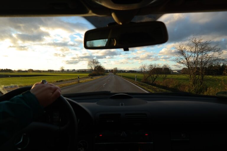 from inside the car we see a person's hands on a steering wheel and a rearview window, out of the window is pictured a road surrounded by grass and trees on a cloudy day