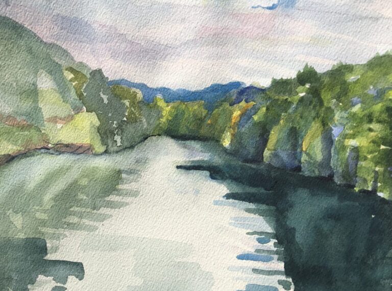 watercolor painting from the perspective of the middle of a river, with trees on the horizon