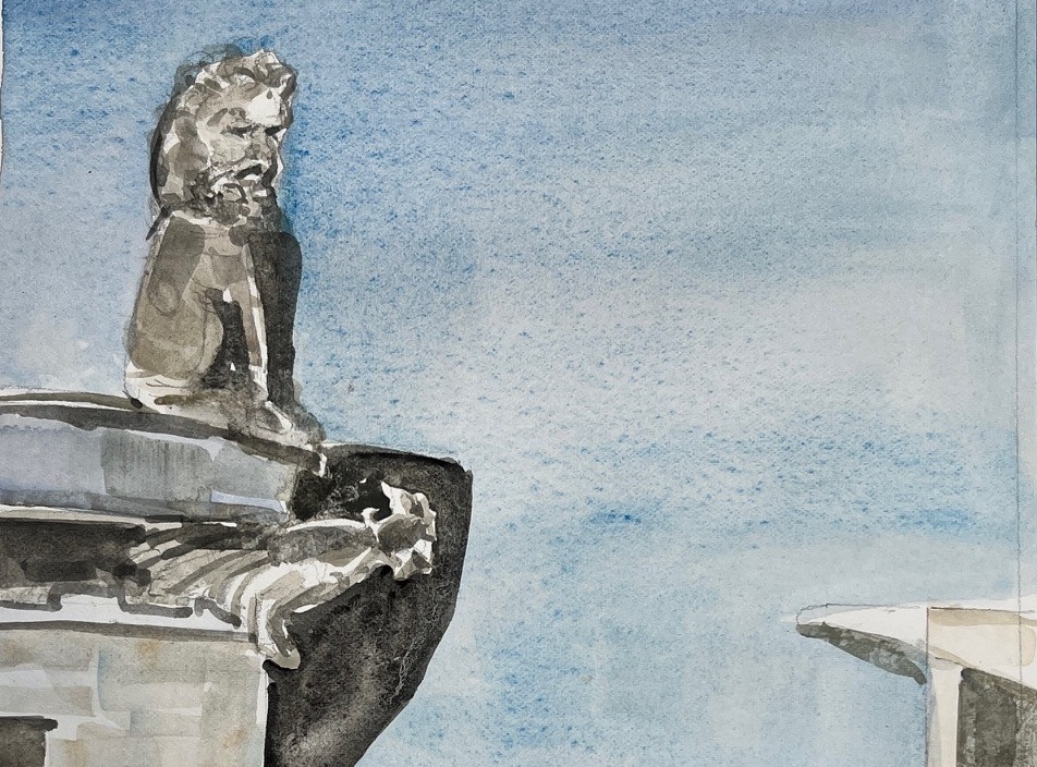 watercolor painting of a statue atop the corner of a building