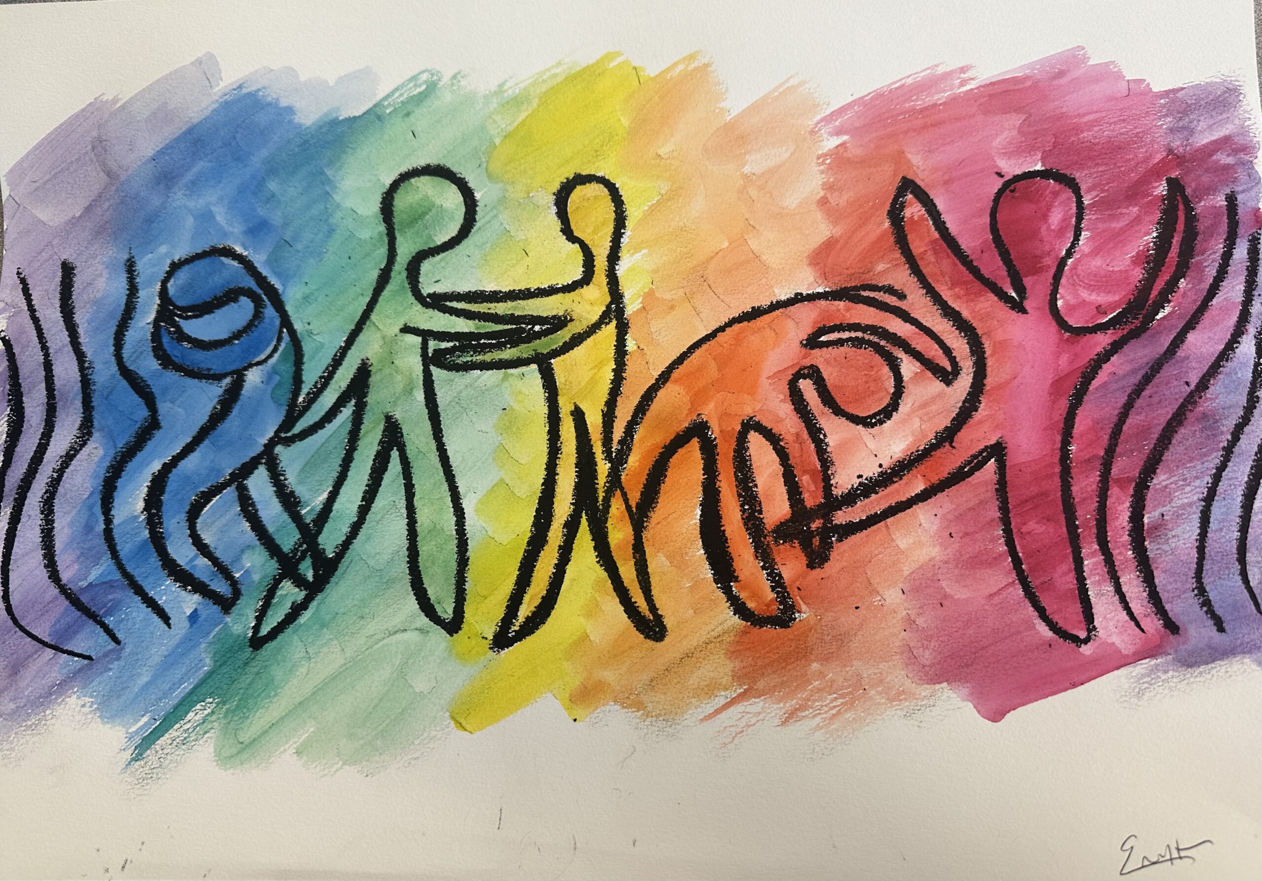 outlines of people dancing against a rainbow shaded background