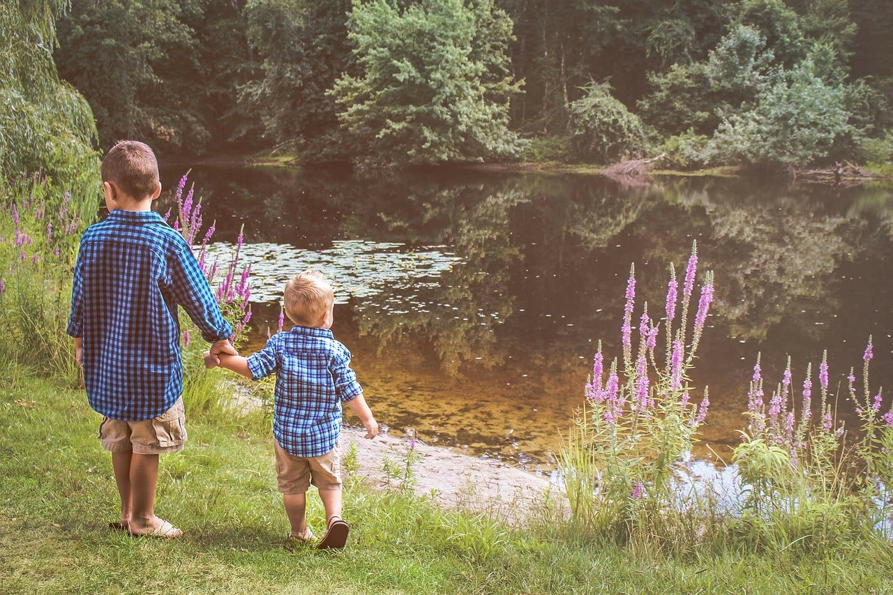 two brothers, one a child and one a toddler, hold hands and walk by a pond