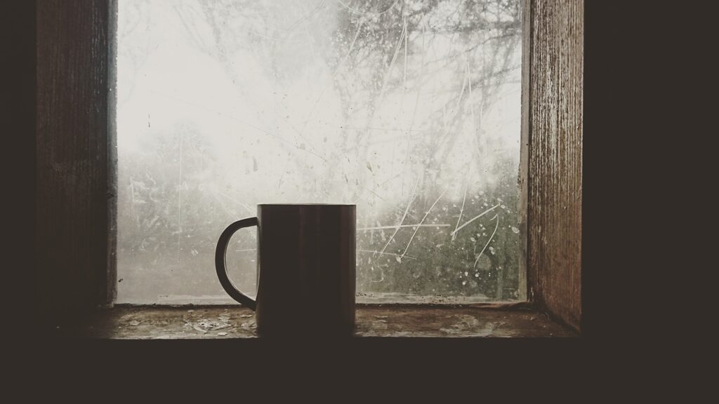 a coffee mug sitting on a sunny window