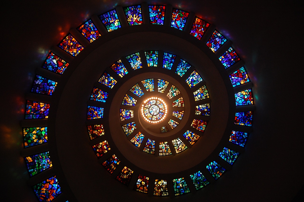 a spiral of stained glass windows