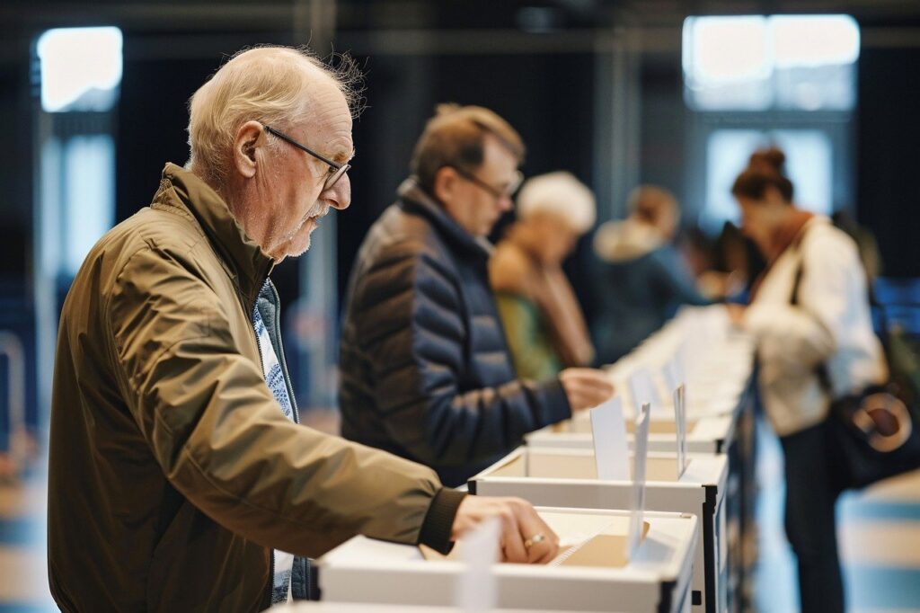 people putting ballots into boxes