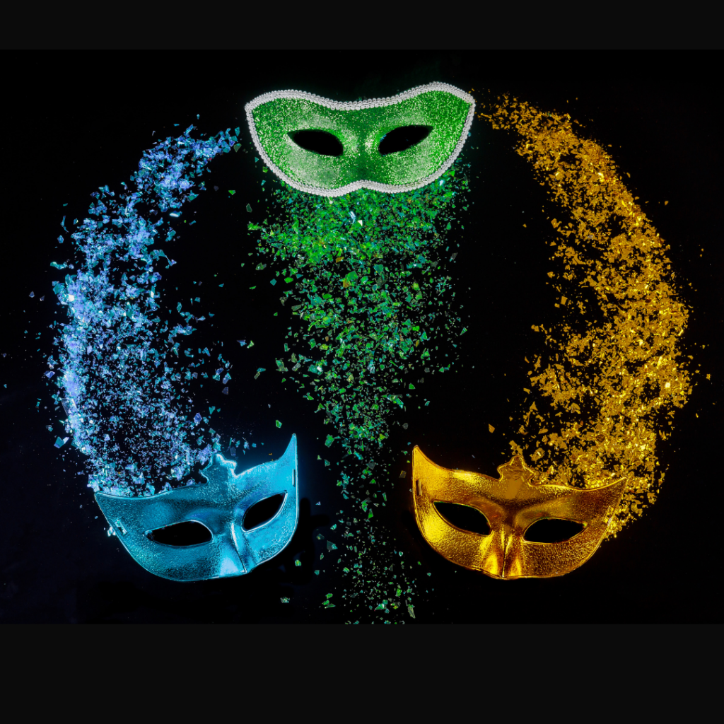 Three glitter masks: green, blue, and gold, arranged in a circle on a black background with scattered glitter.