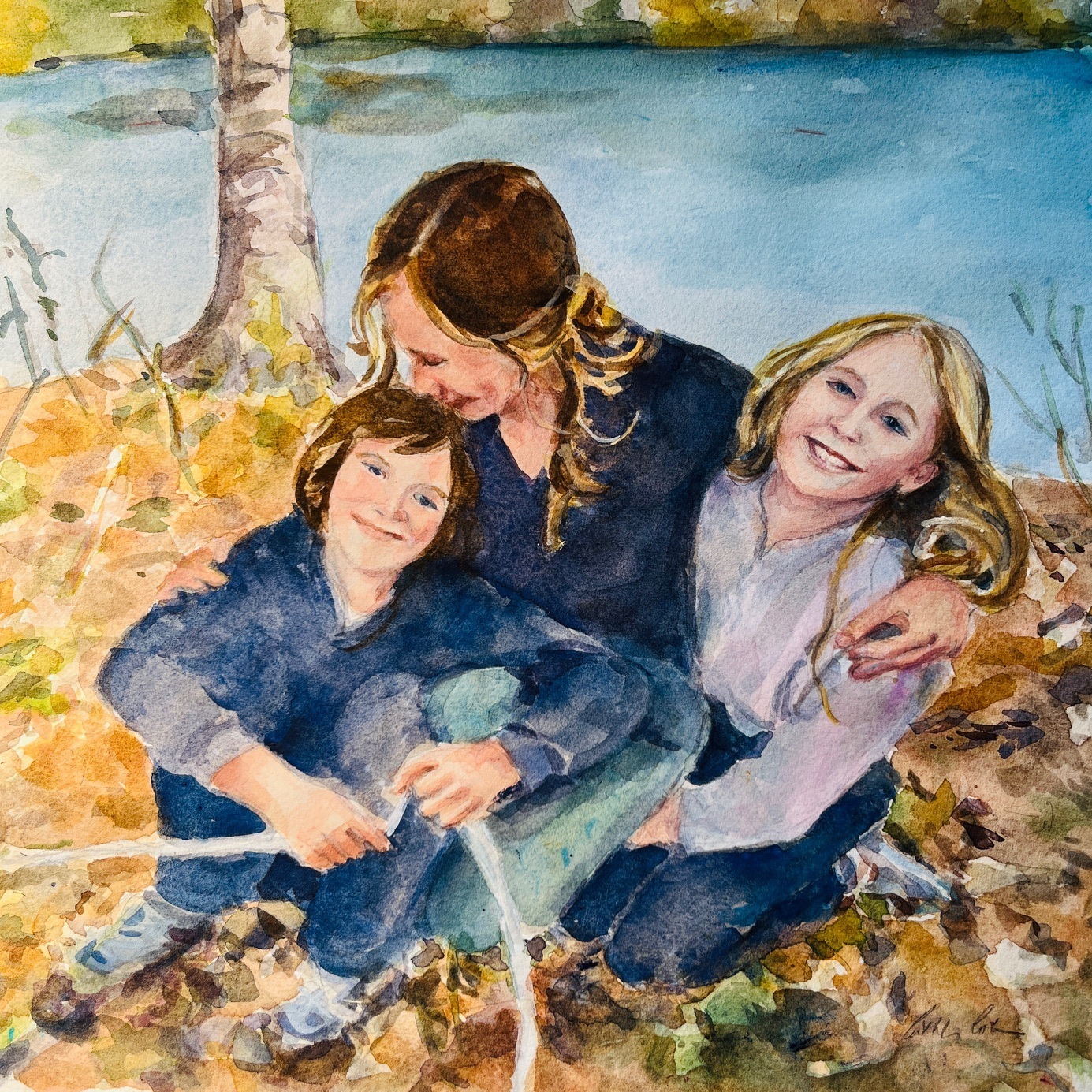 A watercolor painting of three smiling children sitting on autumn leaves near a lake.