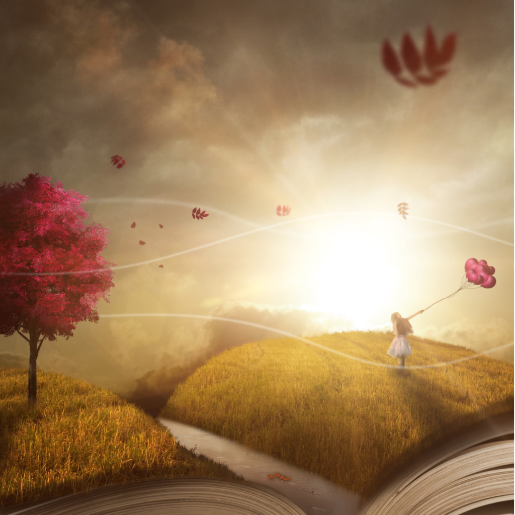 A girl holding balloons walks on a grassy hill with a pink tree, as pages of an open book form the foreground.