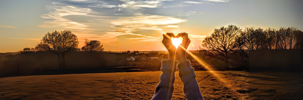 Hands forming a heart shape against a sunset, with trees and a grassy field in silhouette.