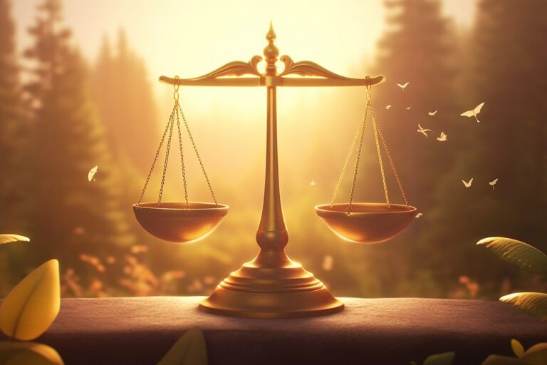 Golden scales of justice in a sunlit forest, surrounded by green leaves and small flying birds.