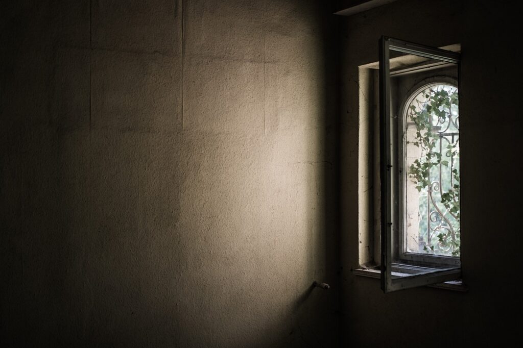 Dimly lit room with an open window, letting in light and greenery from outside.