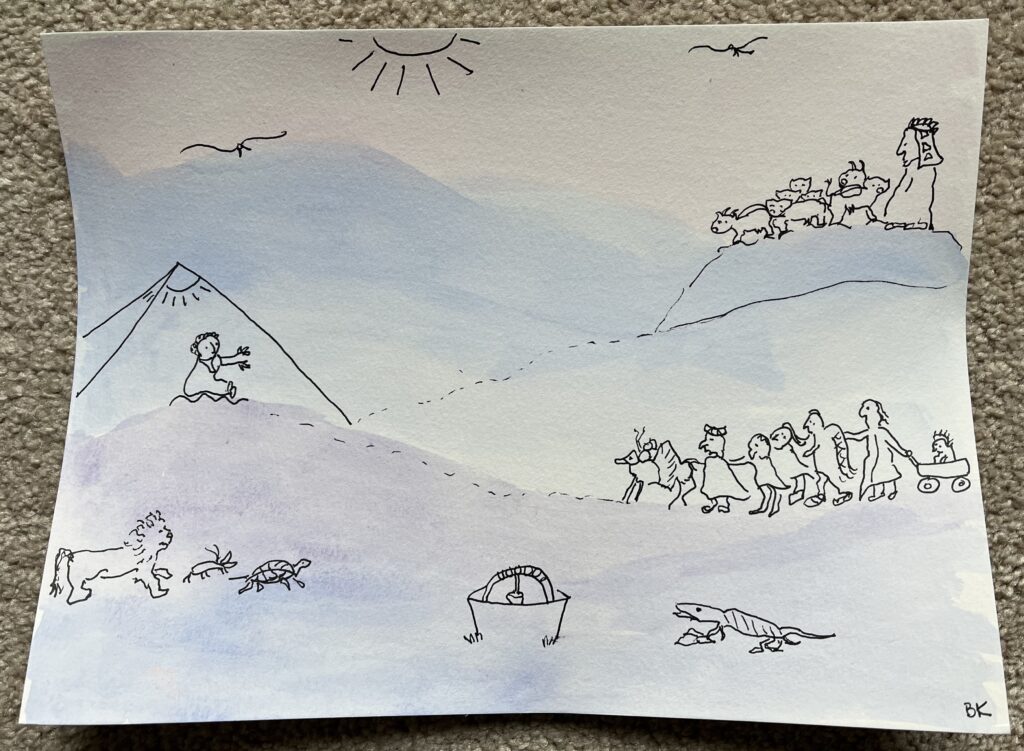 Ink drawing of a landscape with people, animals, and a pyramid. Sun and birds are in the sky.