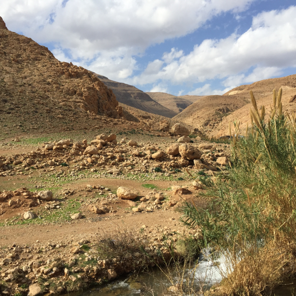 Desert mountains with scattered rocks, some greenery, a stream, and cloudy blue sky.
