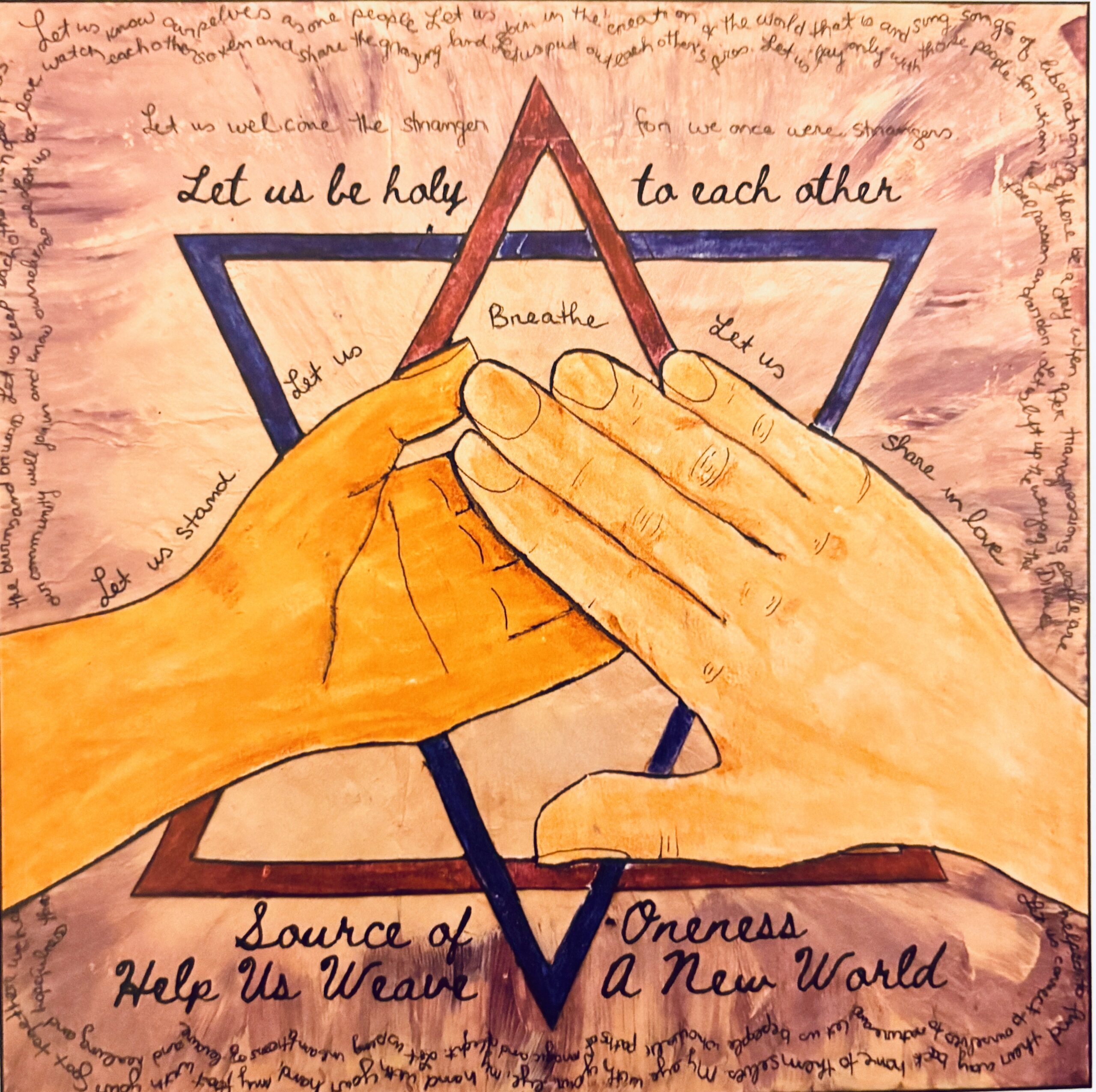 Two hands touch over a Star of David with text about unity, love, and peace surrounding them.