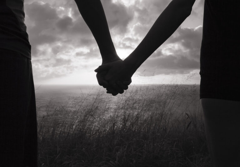 Two people holding hands, silhouetted against a cloudy sky and grassy landscape near the water.