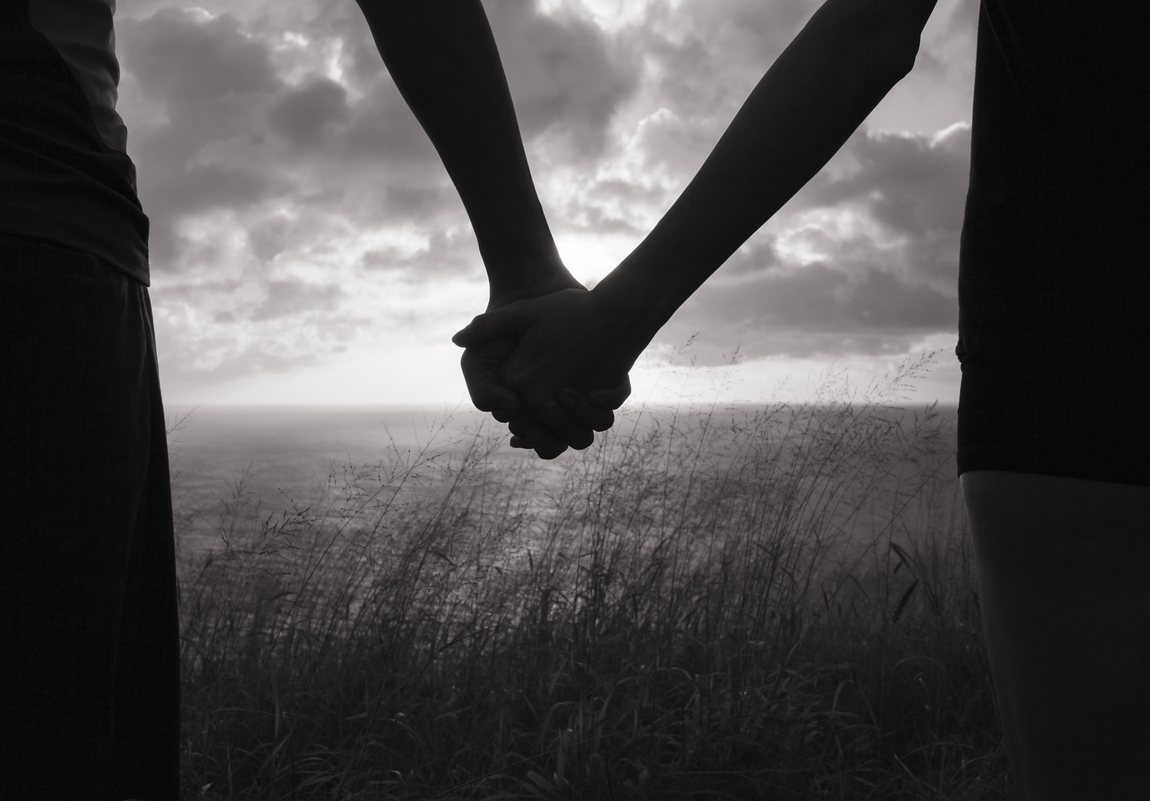 Two people holding hands, silhouetted against a cloudy sky and grassy landscape near the water.