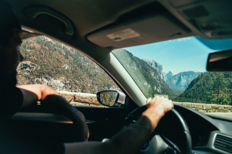 Person drives a car through a scenic mountain area with trees and cliffs visible through the windshield.