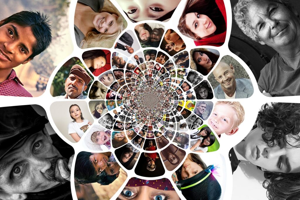A spiral collage of diverse faces of people of all ages and backgrounds, arranged in a circular pattern.
