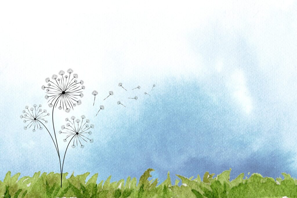 Watercolor illustration of dandelions blowing seeds in the wind over green grass and a blue sky background.