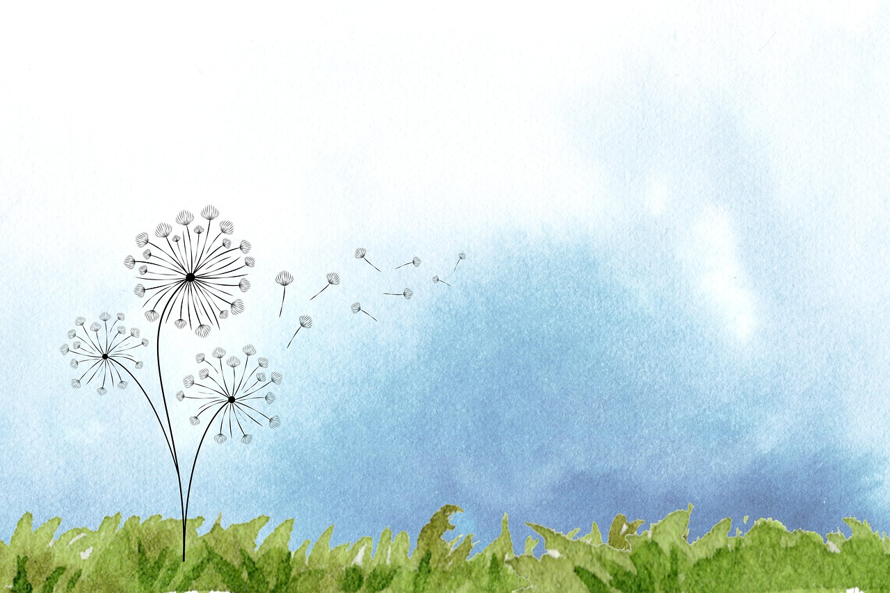 Watercolor illustration of dandelions blowing seeds in the wind over green grass and a blue sky background.